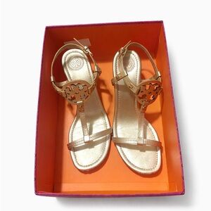Tory Burch Metallic Gold Miller Logo T-Strap Sandals